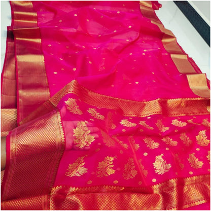 Rich Pink Pure Handloom Katan Chanderi Silk Saree