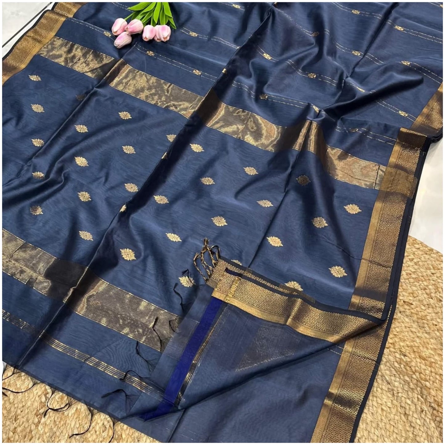 Narmada Muted Blue Pure Handloom Maheshwari Silk