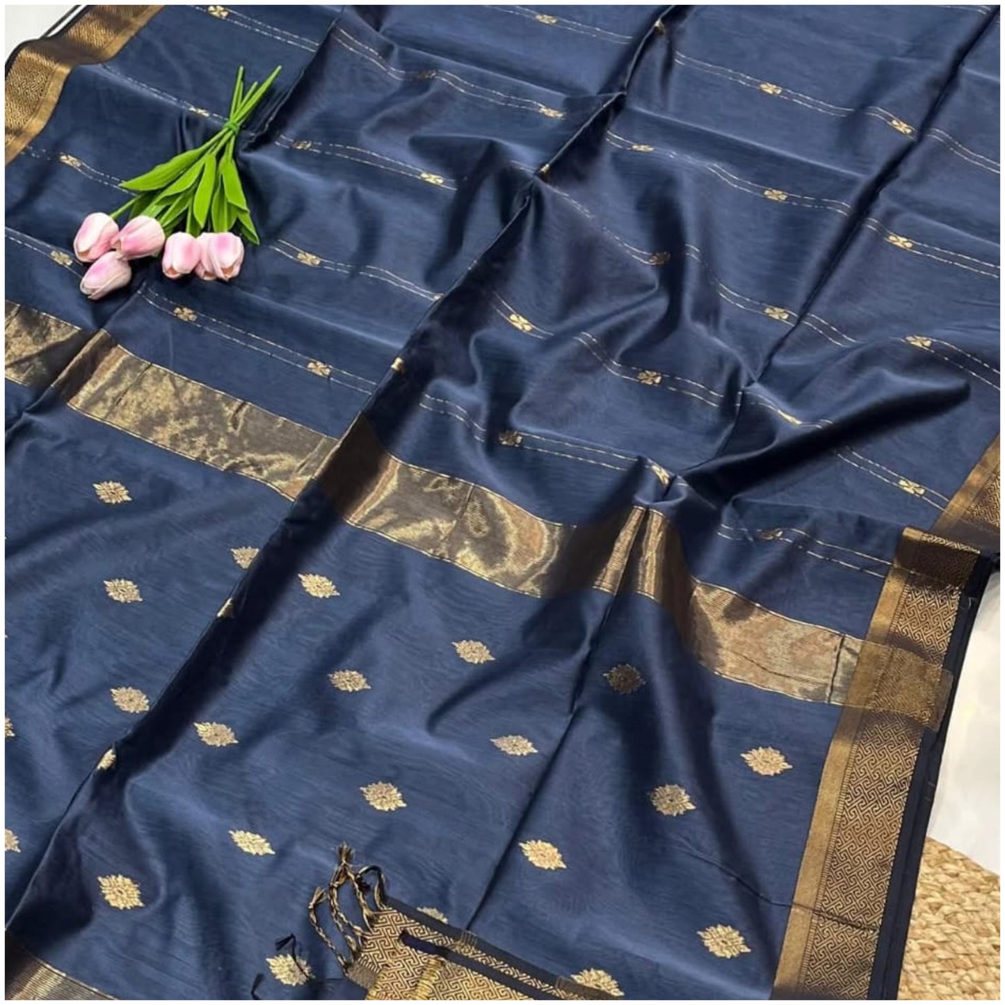 Narmada Muted Blue Pure Handloom Maheshwari Silk