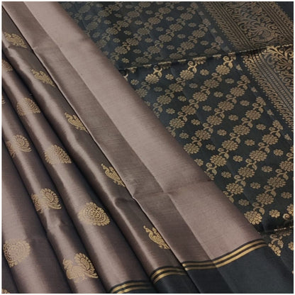 Dhasan Dusty Taupe Black Pure Handloom Double Warp Soft Silk Saree