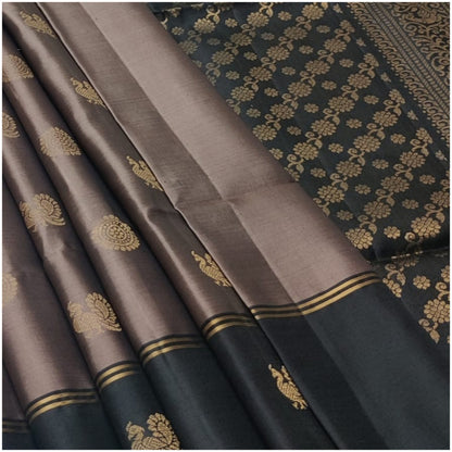 Dhasan Dusty Taupe Black Pure Handloom Double Warp Soft Silk Saree