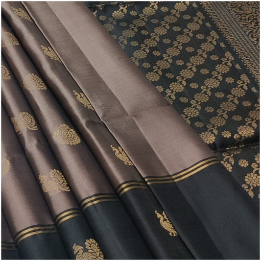 Dhasan Dusty Taupe Black Pure Handloom Double Warp Soft Silk Saree