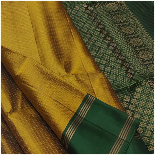 Sonali Mustard Green Pure Handloom Double Warp Soft Silk Saree