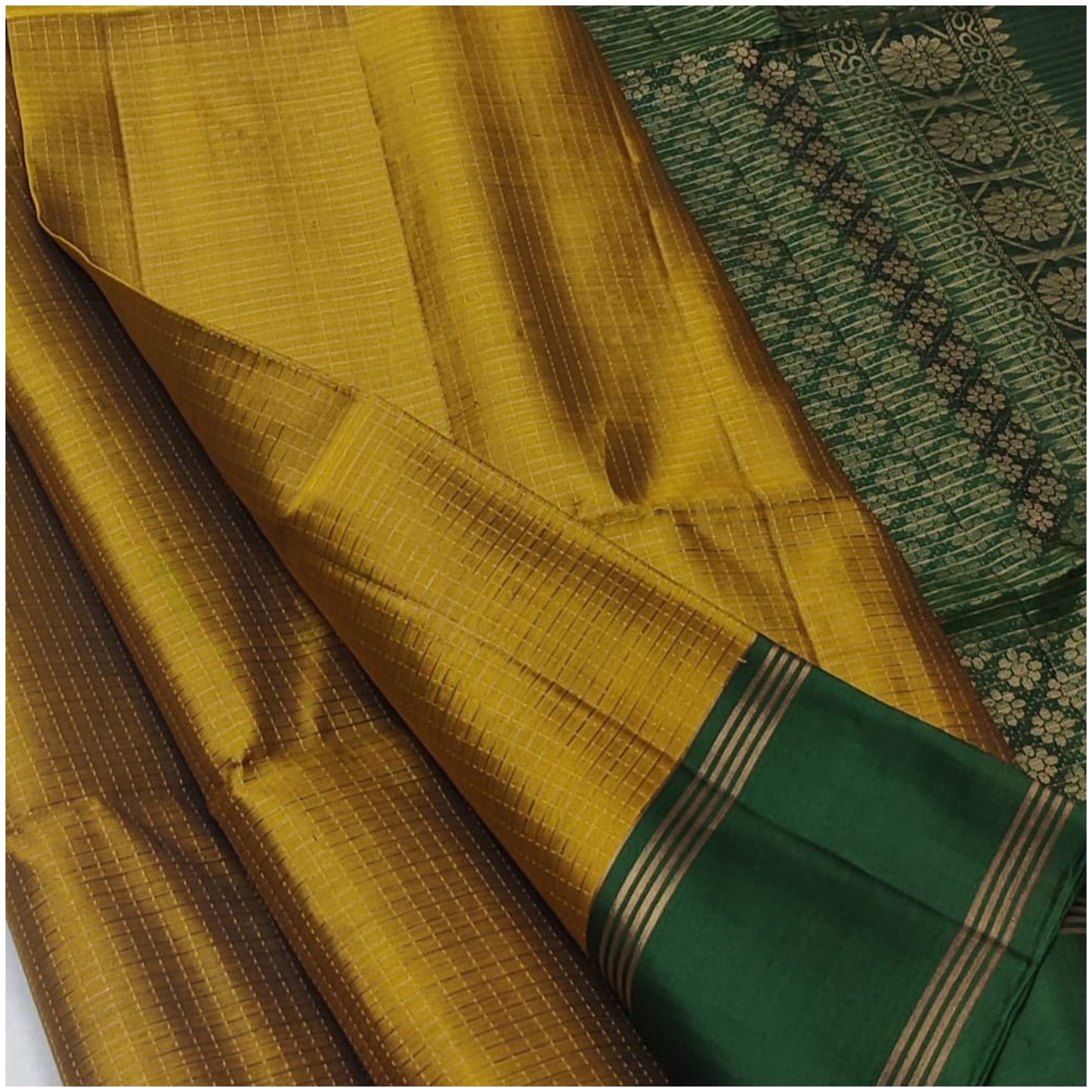 Sonali Mustard Green Pure Handloom Double Warp Soft Silk Saree