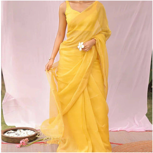 Bright Yellow Pure Handloom Linen Silk Saree