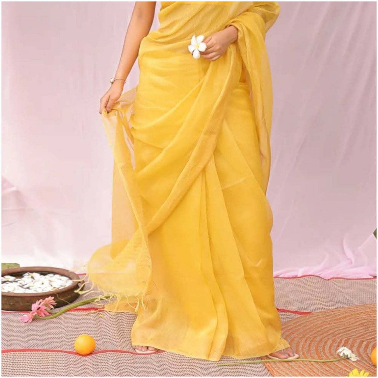 Bright Yellow Pure Handloom Linen Silk Saree