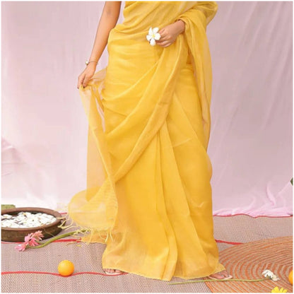 Bright Yellow Pure Handloom Linen Silk Saree