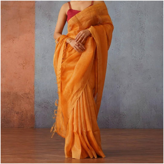Earthy Orange Pure Handloom Linen Silk Saree