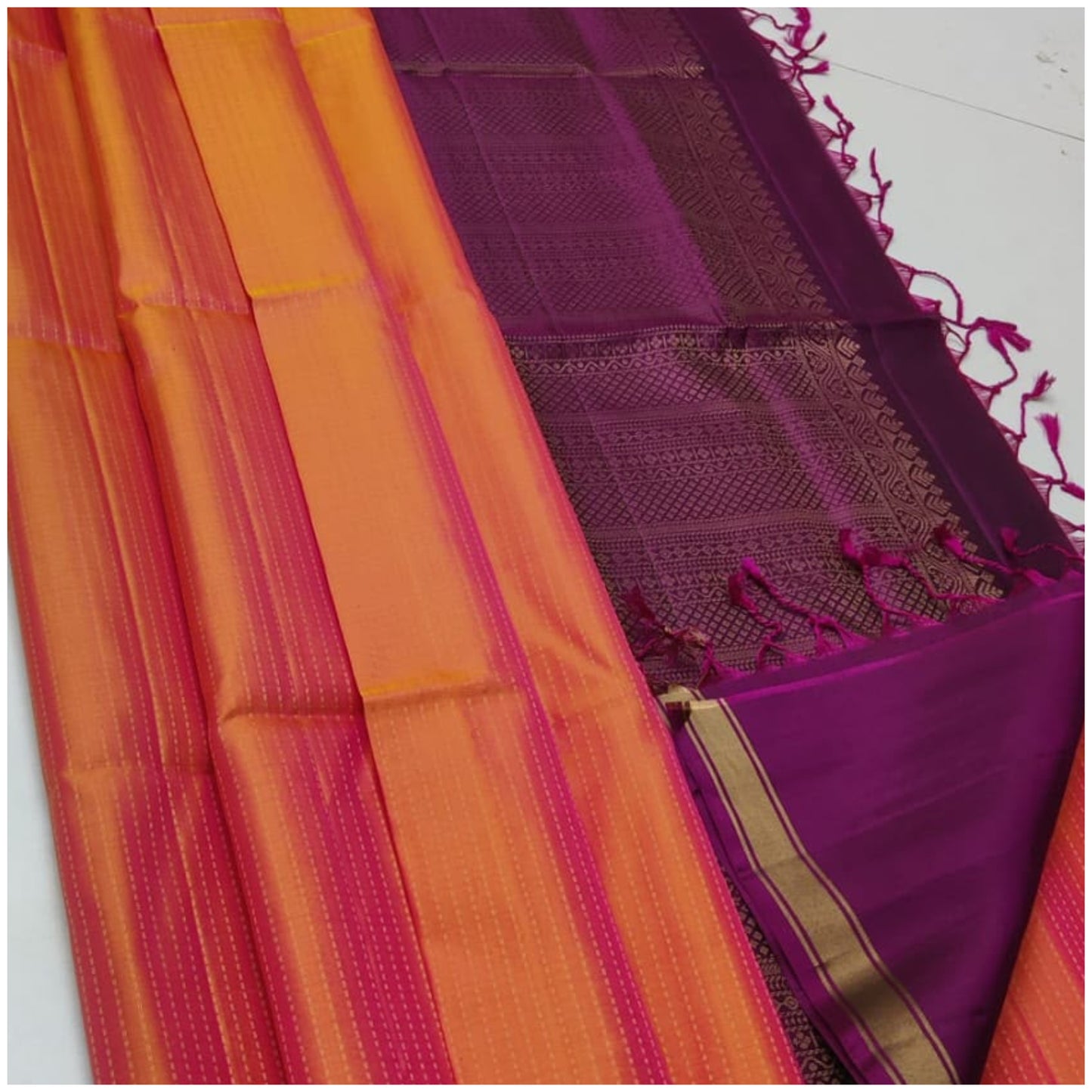 Saanvi Orange Magenta Pure Handloom Double Warp Soft Silk Saree