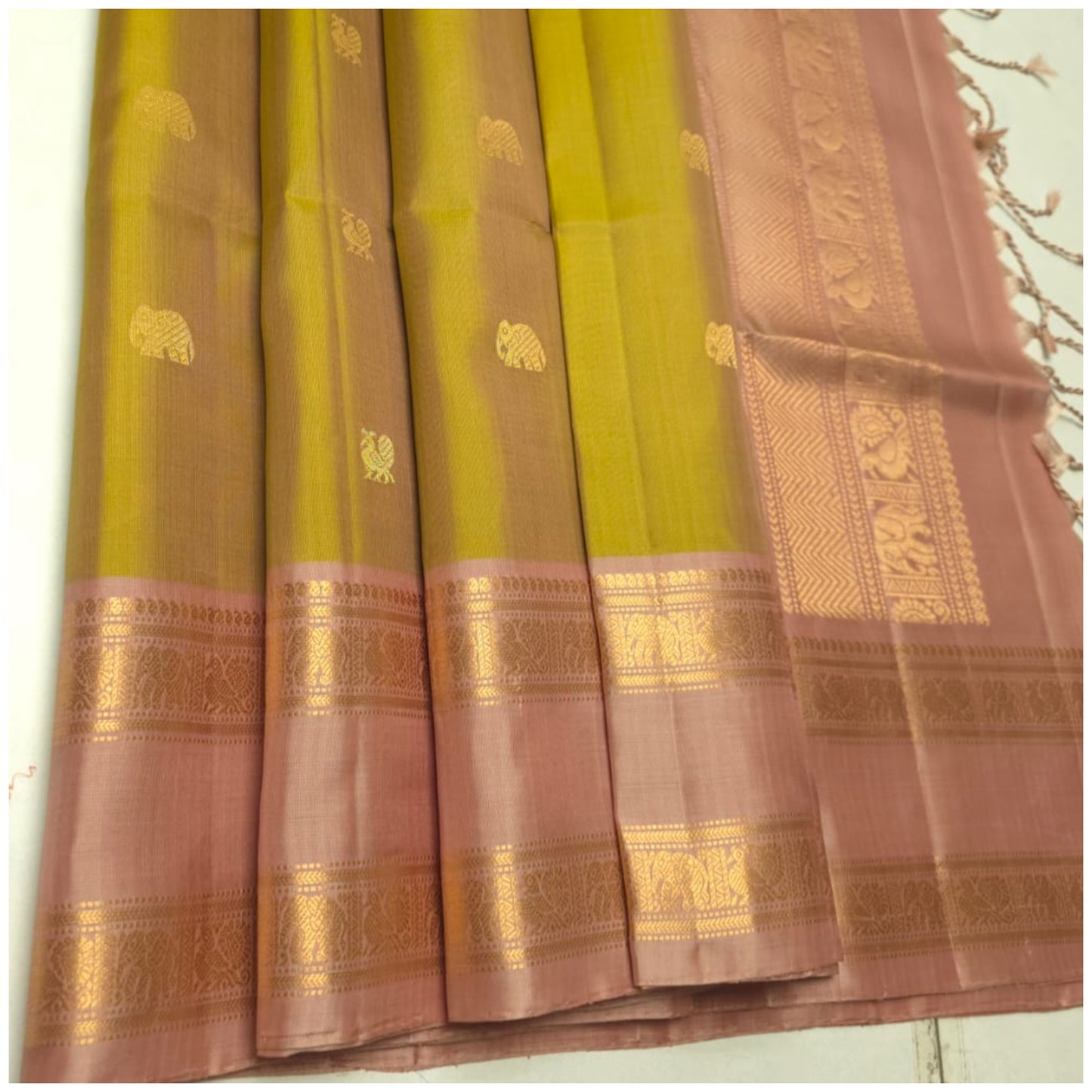 Soumya Olive Green Blush Pink Pure Handloom Double Warp Soft Silk Saree