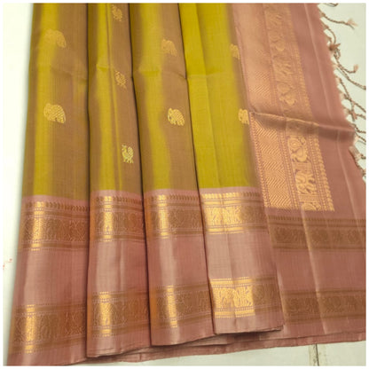 Soumya Olive Green Blush Pink Pure Handloom Double Warp Soft Silk Saree