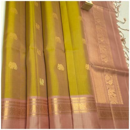 Soumya Olive Green Blush Pink Pure Handloom Double Warp Soft Silk Saree