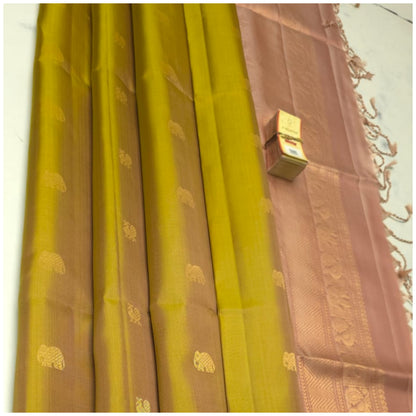 Soumya Olive Green Blush Pink Pure Handloom Double Warp Soft Silk Saree