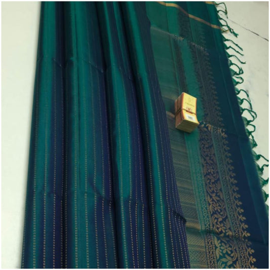 Saroni Teal Blue Pure Handloom Double Warp Soft Silk Saree