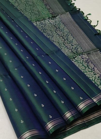 Sea Green Blue Pure Handloom Double Warp Soft Silk Saree