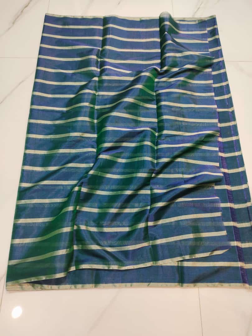 Blue Gold Stripes Pure Handloom Katan Chanderi Silk Saree