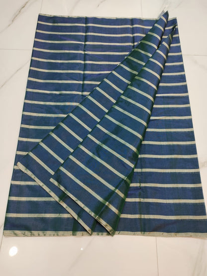 Blue Gold Stripes Pure Handloom Katan Chanderi Silk Saree