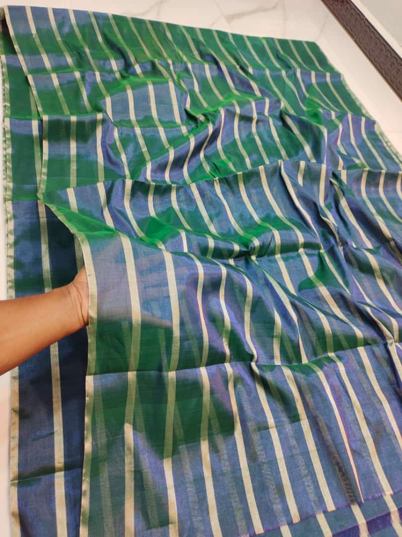 Blue Gold Stripes Pure Handloom Katan Chanderi Silk Saree
