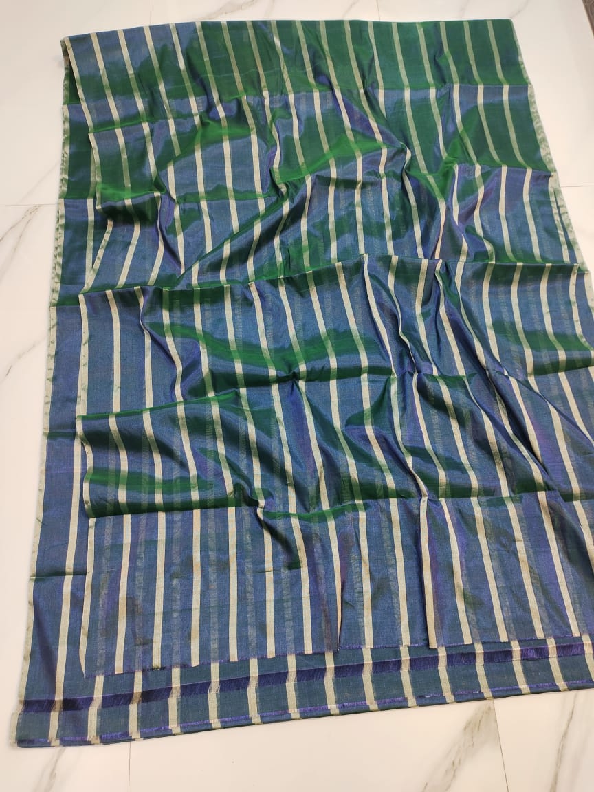 Blue Gold Stripes Pure Handloom Katan Chanderi Silk Saree