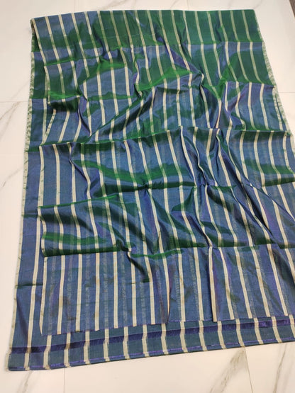 Blue Gold Stripes Pure Handloom Katan Chanderi Silk Saree