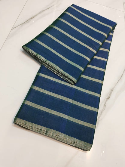 Blue Gold Stripes Pure Handloom Katan Chanderi Silk Saree