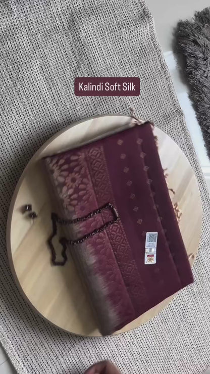 Kalindi Deep Maroon Grey Pure Handloom Double Warp Soft Silk Saree