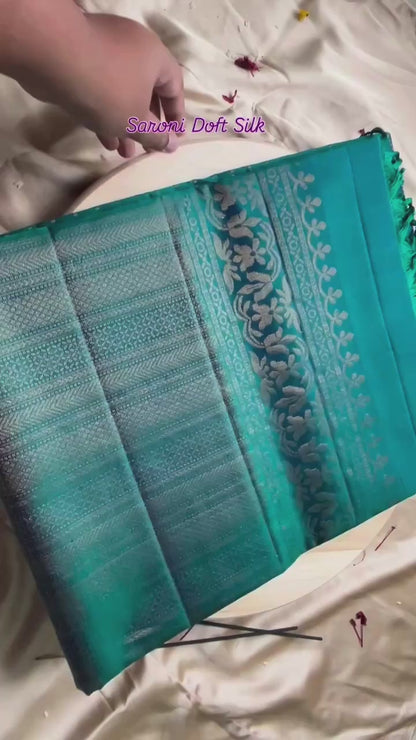 Saroni Teal Blue Pure Handloom Double Warp Soft Silk Saree