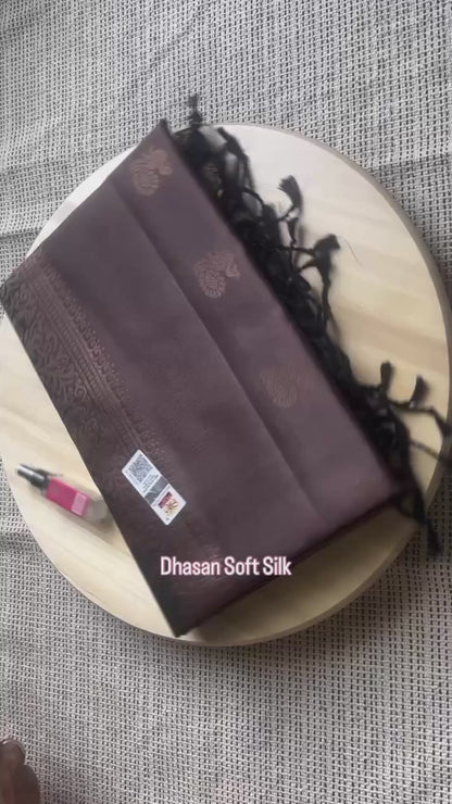 Dhasan Dusty Taupe Black Pure Handloom Double Warp Soft Silk Saree